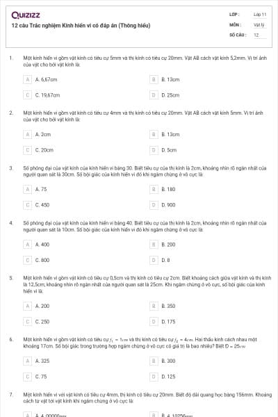 12 câu Trắc nghiệm Kính hiển vi có đáp án (Thông hiểu)