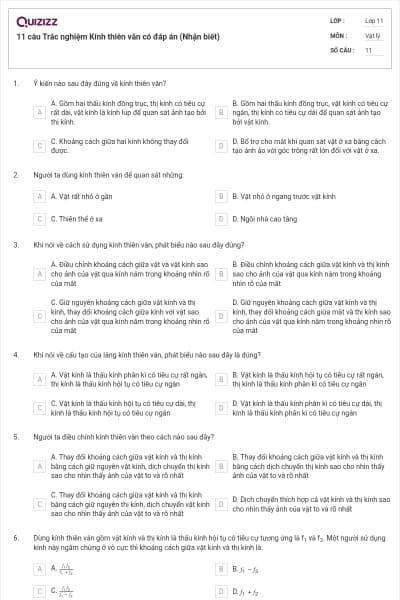 11 câu  Trắc nghiệm Kính thiên văn có đáp án (Nhận biết)