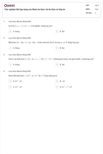 Trắc nghiệm Bài tập nâng cao Nhân đa thức với đa thức có đáp án