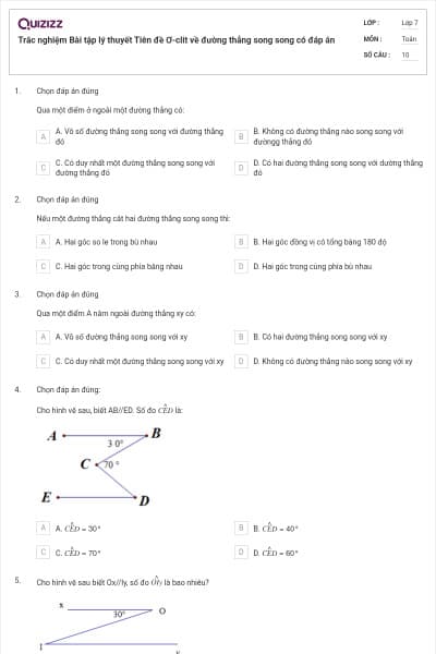 Trắc nghiệm Bài tập lý thuyết Tiên đề Ơ-clit về đường thẳng song song có đáp án