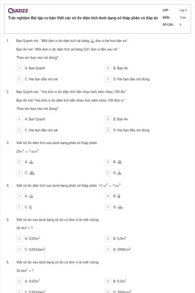 Trắc nghiệm Bài tập cơ bản Viết các số đo diện tích dưới dạng số thập phân có đáp án