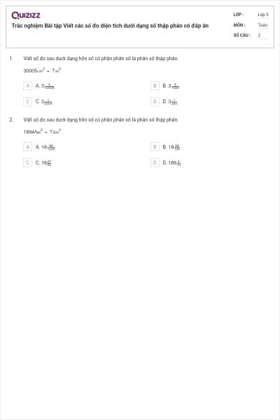 Trắc nghiệm Bài tập Viết các số đo diện tích dưới dạng số thập phân có đáp án