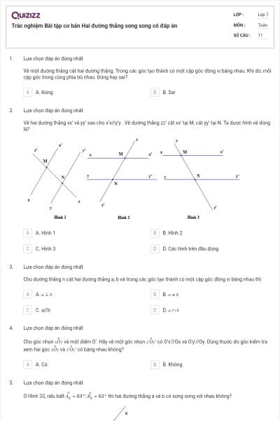Trắc nghiệm Bài tập cơ bản Hai đường thẳng song song có đáp án