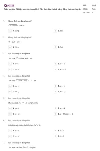 Trắc nghiệm Bài tập mức độ trung bình Căn thức bậc hai và hằng đẳng thức có đáp án