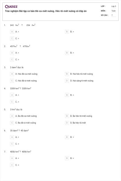 Trắc nghiệm Bài tập cơ bản Đề-ca-mét vuông. Héc-tô-mét vuông có đáp án