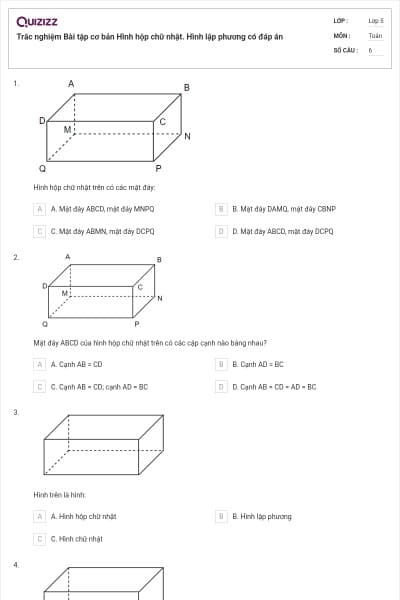 Trắc nghiệm Bài tập cơ bản Hình hộp chữ nhật. Hình lập phương có đáp án