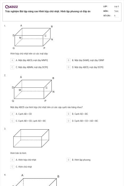 Trắc nghiệm Bài tập nâng cao Hình hộp chữ nhật. Hình lập phương có đáp án