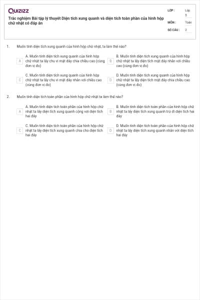 Trắc nghiệm Bài tập lý thuyết Diện tích xung quanh và diện tích toàn phần của hình hộp chữ nhật có đáp án