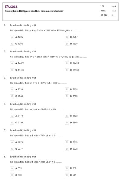 Trắc nghiệm Bài tập cơ bản Biểu thức có chứa hai chữ