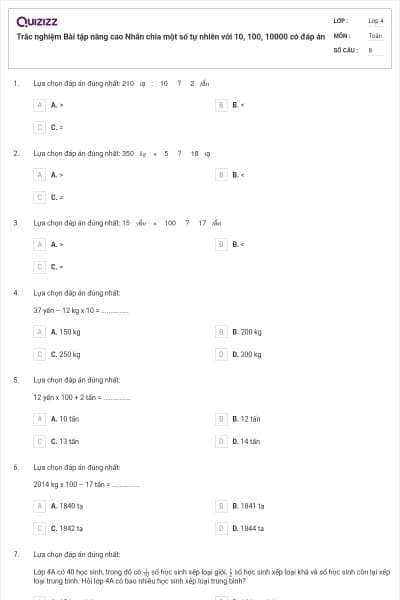 Trắc nghiệm Bài tập nâng cao Nhân chia một số tự nhiên với 10, 100, 10000 có đáp án
