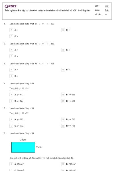 Trắc nghiệm Bài tập cơ bản Giới thiệu nhân nhẩm số có hai chữ số với 11 có đáp án