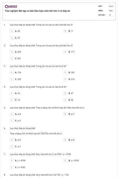 Trắc nghiệm Bài tập cơ bản Dấu hiệu chia hết cho 2 có đáp án