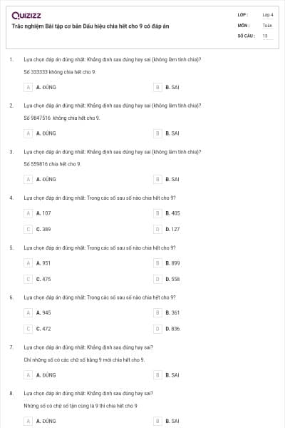 Trắc nghiệm Bài tập cơ bản Dấu hiệu chia hết cho 9 có đáp án