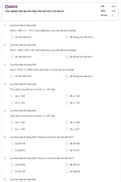 Trắc nghiệm Bài tập Dấu hiệu chia hết cho 9 có đáp án