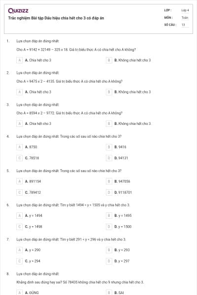 Trắc nghiệm Bài tập Dấu hiệu chia hết cho 3 có đáp án