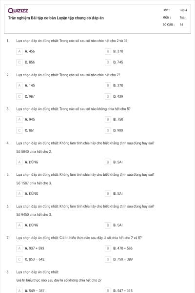 Trắc nghiệm Bài tập cơ bản Luyện tập chung có đáp án