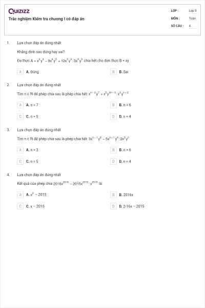 Trắc nghiệm Kiểm tra chương I có đáp án