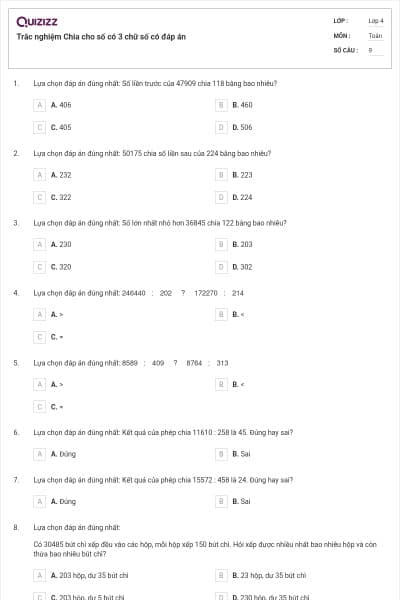 Trắc nghiệm Chia cho số có 3 chữ số có đáp án