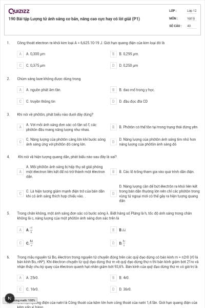 190 Bài tập Lượng tử ánh sáng cơ bản, nâng cao cực hay có lời giải (P1)