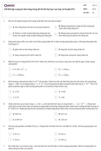 240 Bài tập Lượng tử ánh sáng trong đề thi thử Đại học cực hay có lời giải (P1)
