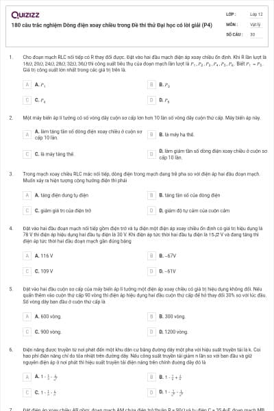 180 câu trắc nghiệm Dòng điện xoay chiều trong Đề thi thử Đại học có lời giải (P4)
