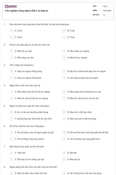 Trắc nghiệm Công nghệ 6 Bài 2 có đáp án