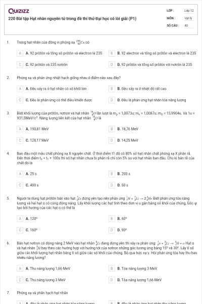 220 Bài tập Hạt nhân nguyên tử trong đề thi thử Đại học có lời giải (P1)
