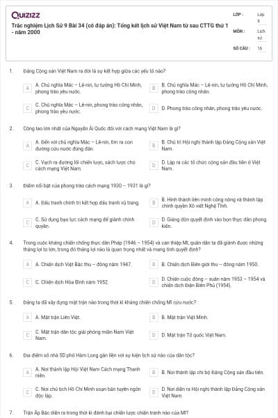 Trắc nghiệm Lịch Sử 9 Bài 34 (có đáp án): Tổng kết lịch sử Việt Nam từ sau CTTG thứ 1 - năm 2000