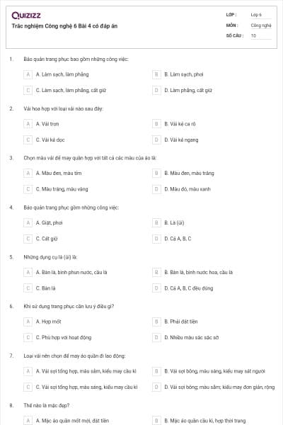 Trắc nghiệm Công nghệ 6 Bài 4 có đáp án