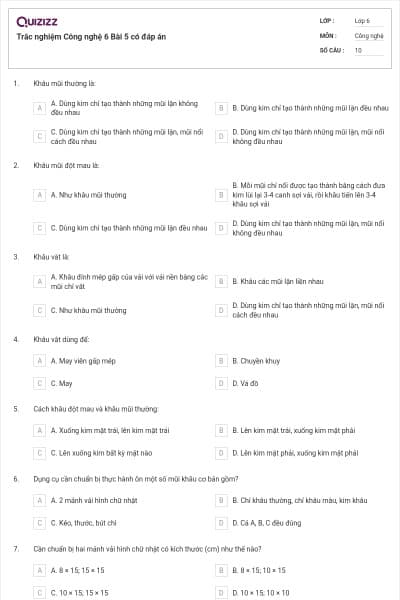Trắc nghiệm Công nghệ 6 Bài 5 có đáp án