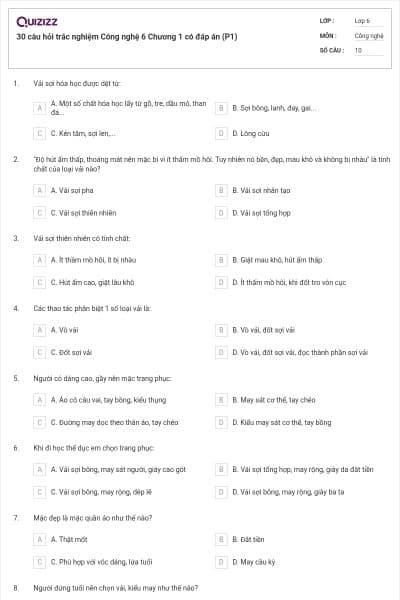 30 câu hỏi trắc nghiệm Công nghệ 6 Chương 1 có đáp án (P1)