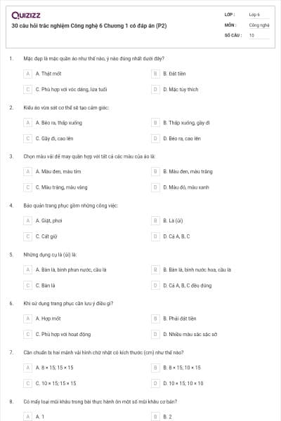 30 câu hỏi trắc nghiệm Công nghệ 6 Chương 1 có đáp án (P2)