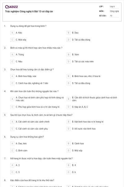 Trắc nghiệm Công nghệ 6 Bài 13 có đáp án