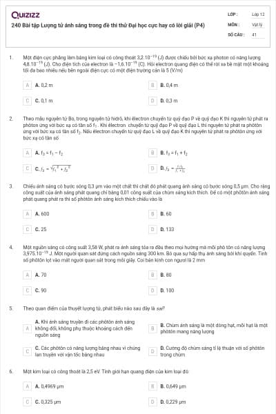 240 Bài tập Lượng tử ánh sáng trong đề thi thử Đại học cực hay có lời giải (P4)