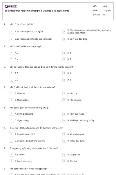 30 câu hỏi trắc nghiệm Công nghệ 6 Chương 2 có đáp án (P1)