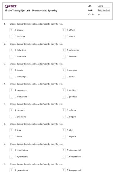 15 câu  Trắc nghiệm Unit 1 Phonetics and Speaking