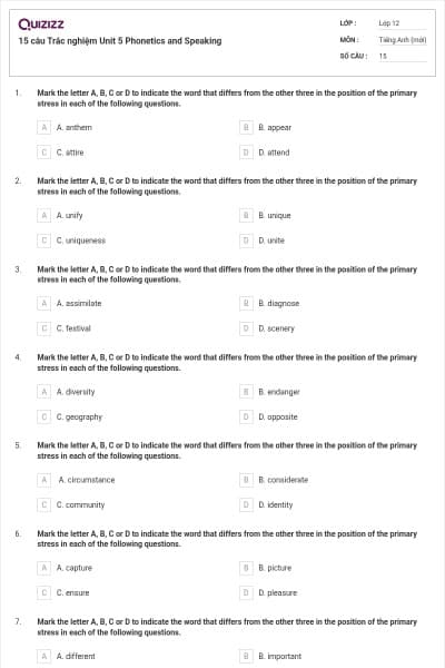 15 câu  Trắc nghiệm Unit 5 Phonetics and Speaking