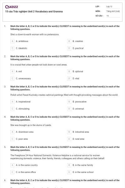 15 câu  Trắc nghiệm Unit 2 Vocabulary and Gramma