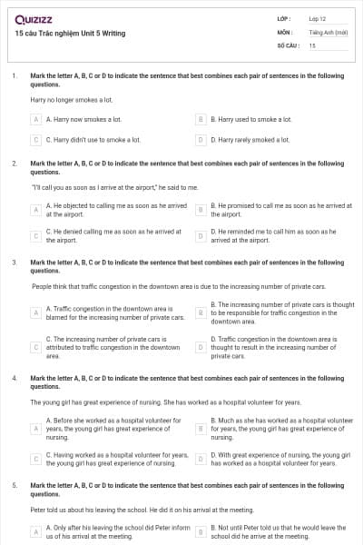 15 câu  Trắc nghiệm Unit 5 Writing
