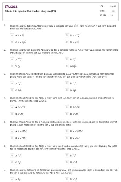 80 câu trắc nghiệm Khối đa diện nâng cao (P1)
