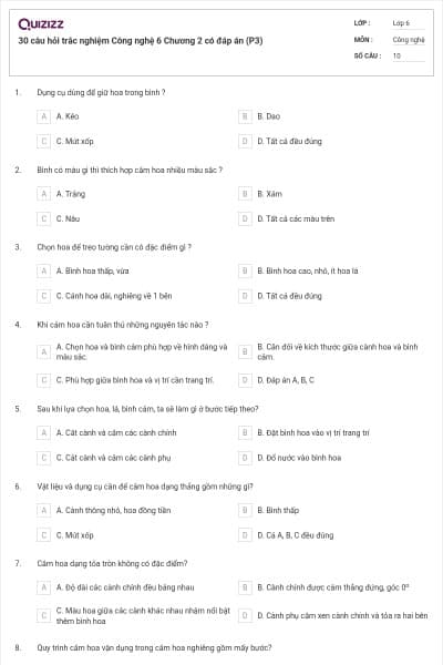 30 câu hỏi trắc nghiệm Công nghệ 6 Chương 2 có đáp án (P3)