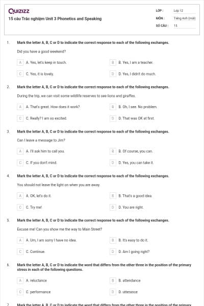 15 câu  Trắc nghiệm Unit 3 Phonetics and Speaking