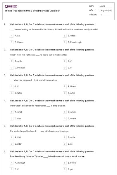 16 câu Trắc nghiệm Unit 3 Vocabulary and Grammar