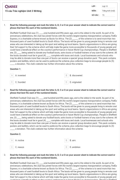 15 câu Trắc nghiệm Unit 3 Writing
