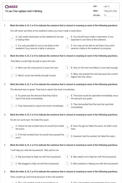15 câu  Trắc nghiệm Unit 4 Writing