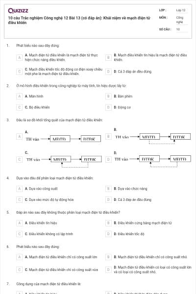 10 câu Trắc nghiệm Công nghệ 12 Bài 13 (có đáp án): Khái niệm về mạch điện tử điều khiển