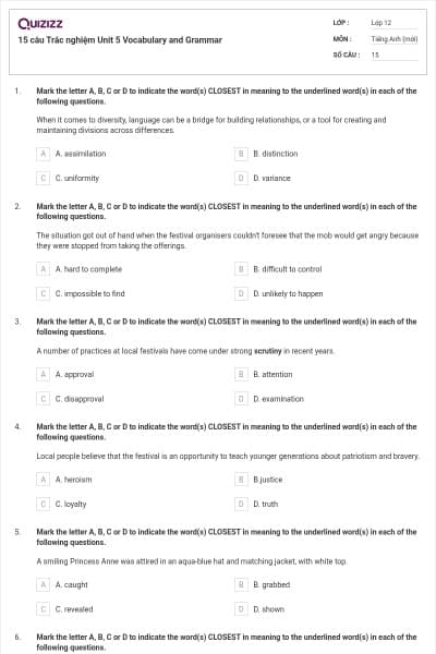 15 câu  Trắc nghiệm Unit 5 Vocabulary and Grammar