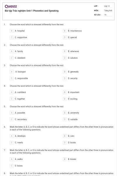 Bài tập Trắc nghiệm Unit 1 Phonetics and Speaking