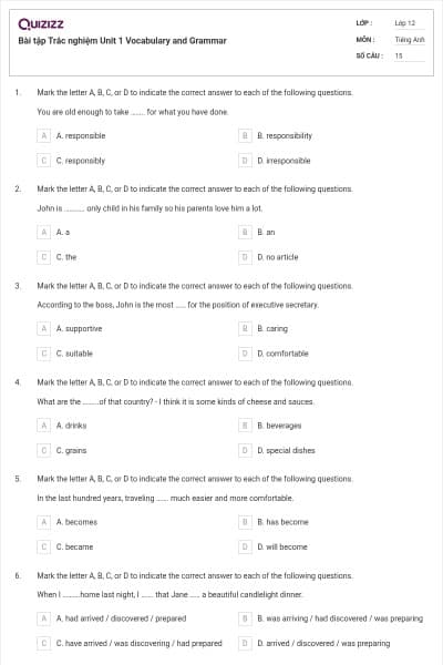 Bài tập Trắc nghiệm Unit 1 Vocabulary and Grammar