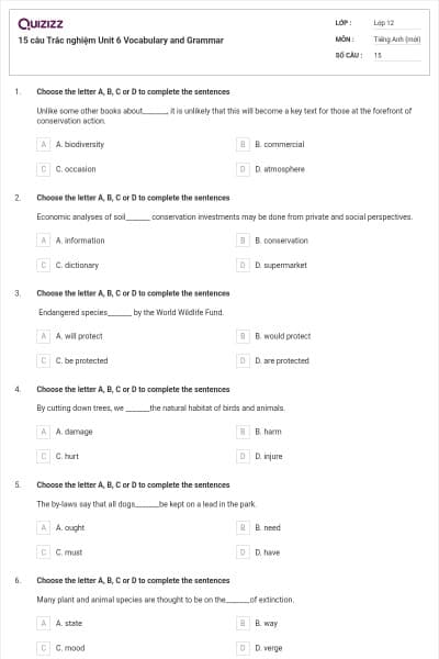 15 câu  Trắc nghiệm Unit 6 Vocabulary and Grammar
